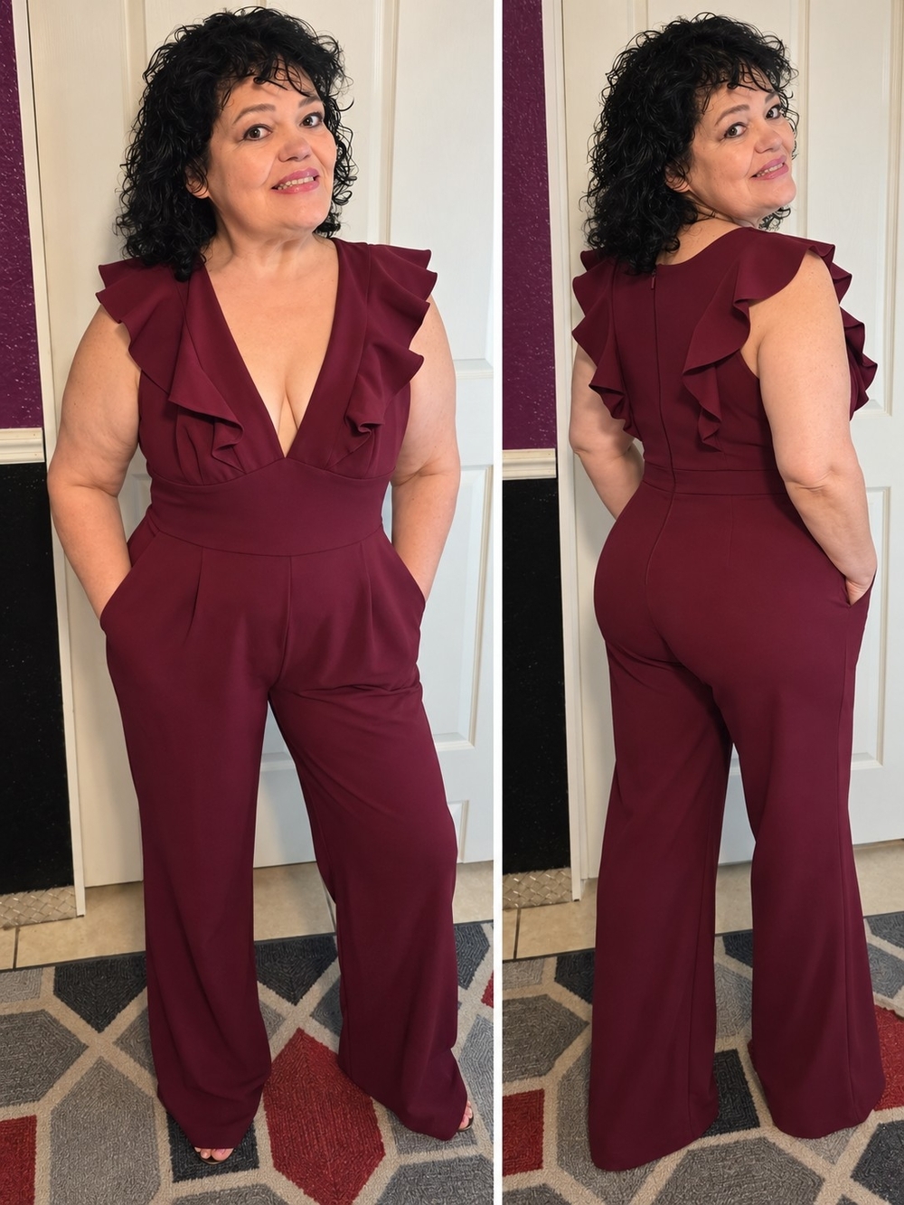 Davids Bridal Studio NWT Plus Size 18 Wine Plunging Ruffle Wide Leg Jumpsuit